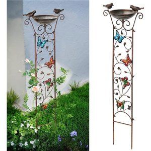 Bird Bath with Trellis Outdoor,Antique Garden Iron Plant Trellis with Decorative